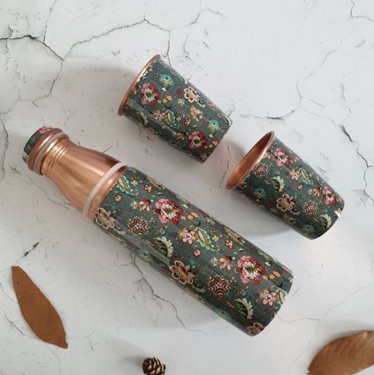 Copper Bottle Set 950ml & 2 Cups (Green Forest)｜ 印度手工純銅水瓶杯具組合｜阿育吠陀飲用銅水習慣