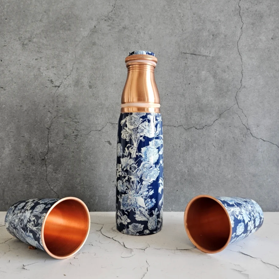 Copper Bottle Set 950ml & 2 Cups (Dark Blue Floral)｜ 印度手工純銅水瓶杯具組合｜阿育吠陀飲用銅水習慣