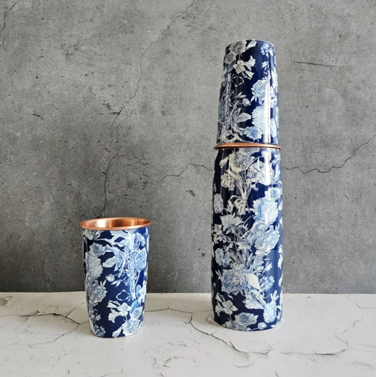 Copper Bottle Set 950ml & 2 Cups (Dark Blue Floral)｜ 印度手工純銅水瓶杯具組合｜阿育吠陀飲用銅水習慣