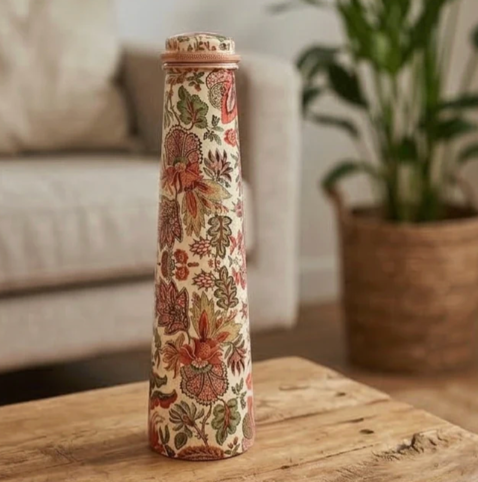 Copper Bottle Blue Printed Animal 500ml &amp; 2 Cups｜印度手工純銅雕刻水瓶套裝｜阿育吠陀復古銅水習慣