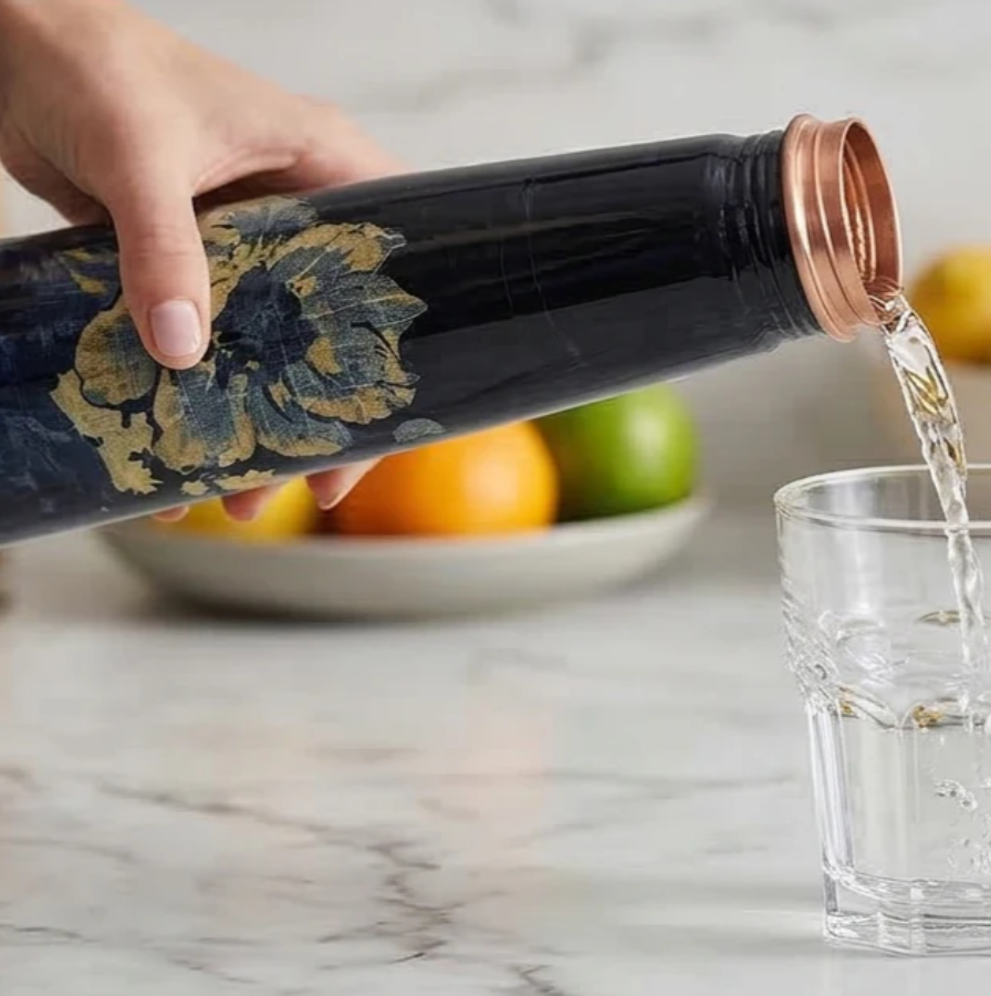 Copper Blue Floral Printed Slim Bottle  (750ml) ｜ 印度手工純銅水瓶｜阿育吠陀飲用銅水習慣