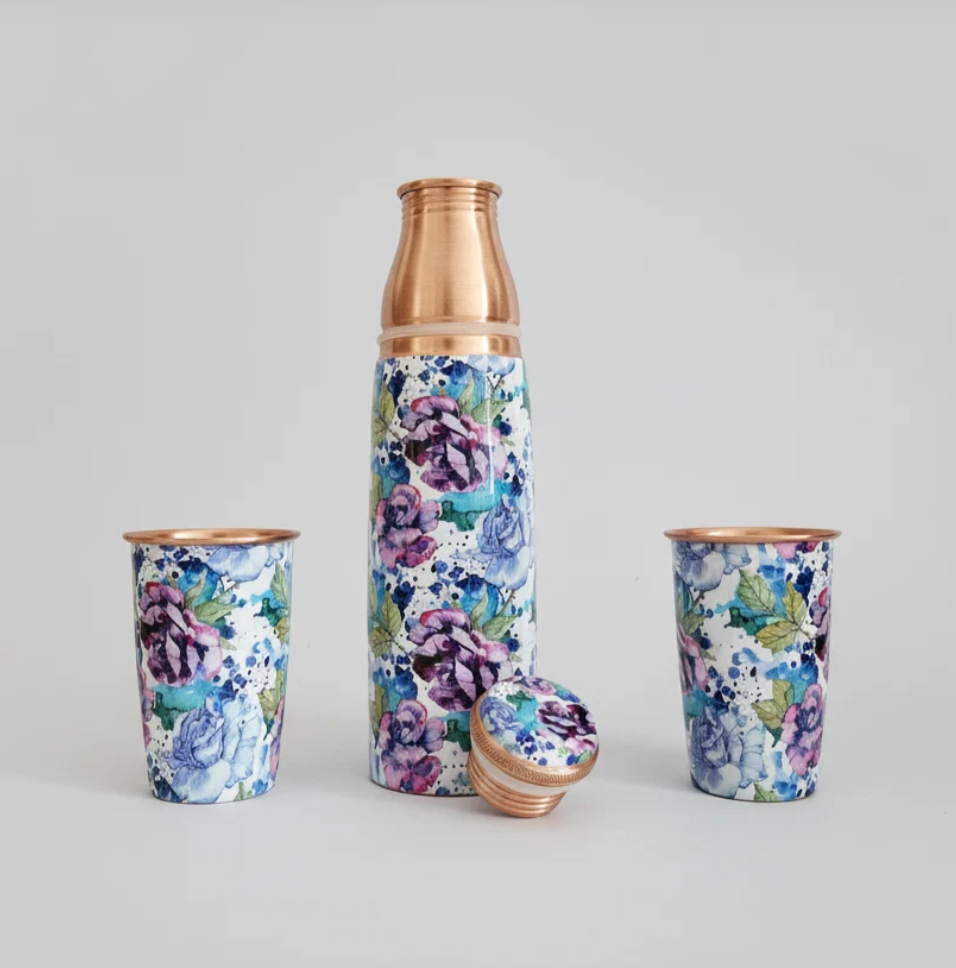 Juego de botellas de cobre de 950 ml y 2 tazas (Green Forest)｜ 印度手工純銅水瓶杯具組合｜阿育吠陀飲用銅水習慣