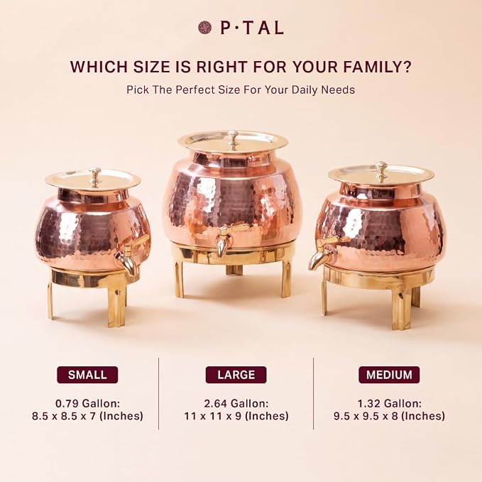 Three copper beverage dispensers in small, large, and medium sizes displayed on a beige background with descriptive text and dimensions.