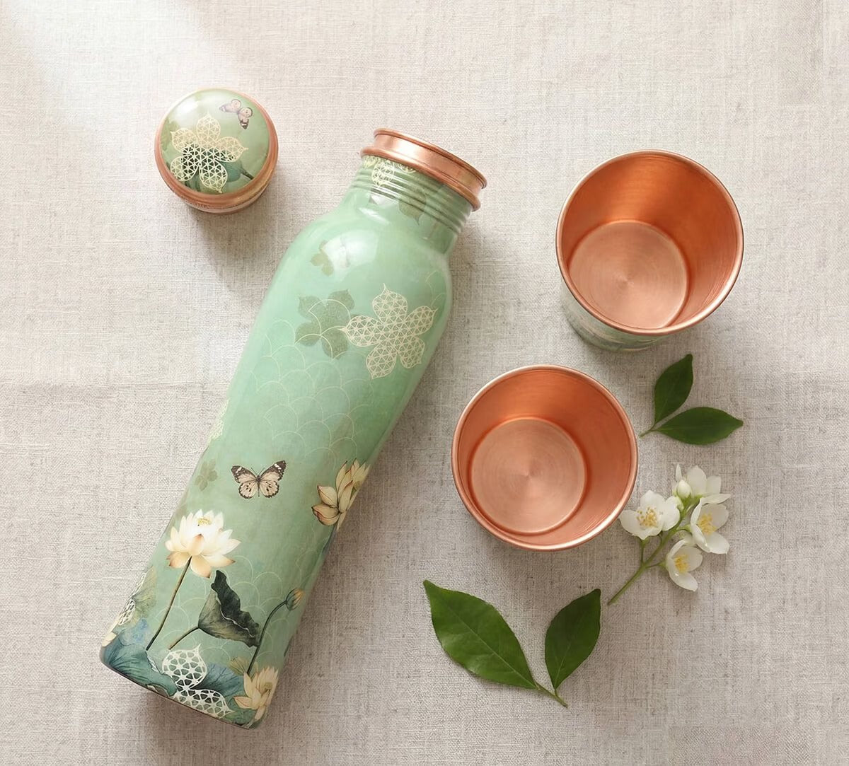 Copper Bottle Blue Printed Animal 500ml &amp; 2 Cups｜印度手工純銅雕刻水瓶套裝｜阿育吠陀復古銅水習慣
