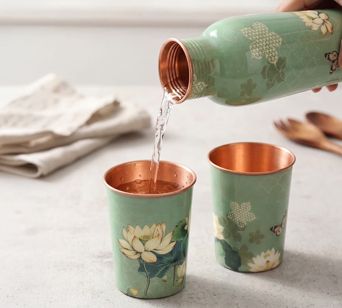 Copper Bottle Blue Printed Animal 500ml &amp; 2 Cups｜印度手工純銅雕刻水瓶套裝｜阿育吠陀復古銅水習慣