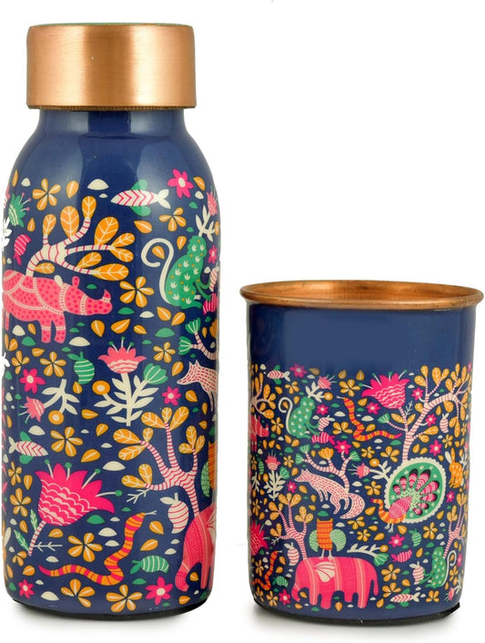 Colorful water bottle and cup set with animal and floral pattern