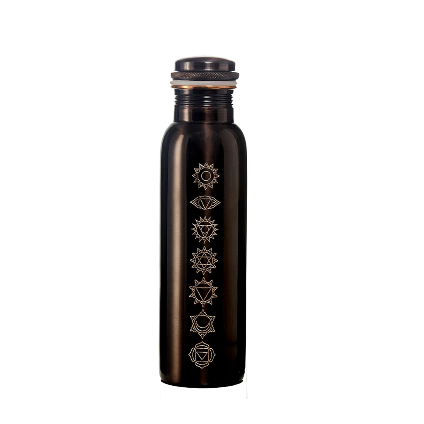 Black water bottle with symbolic charka design