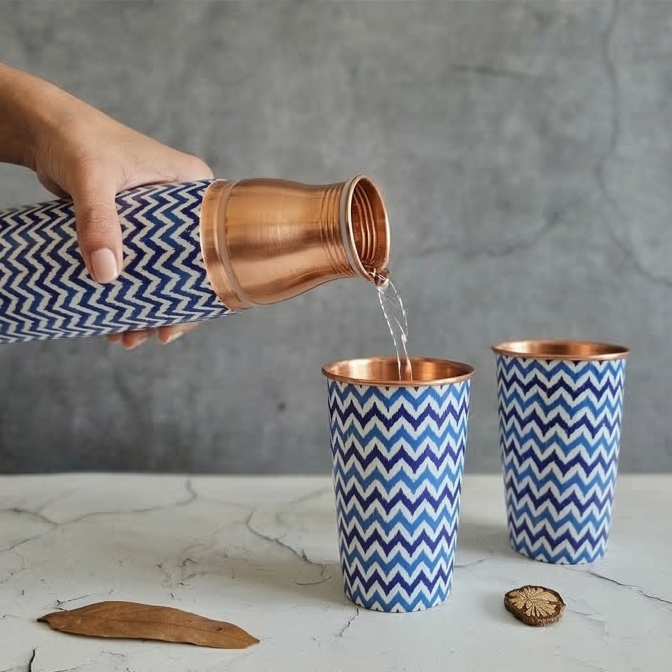Copper Bottle Set 950ml & 2 Cups (Blue Arrow Printed) ｜ 印度手工純銅水瓶杯具組合｜阿育吠陀飲用銅水習慣 (Copy) (Copy)