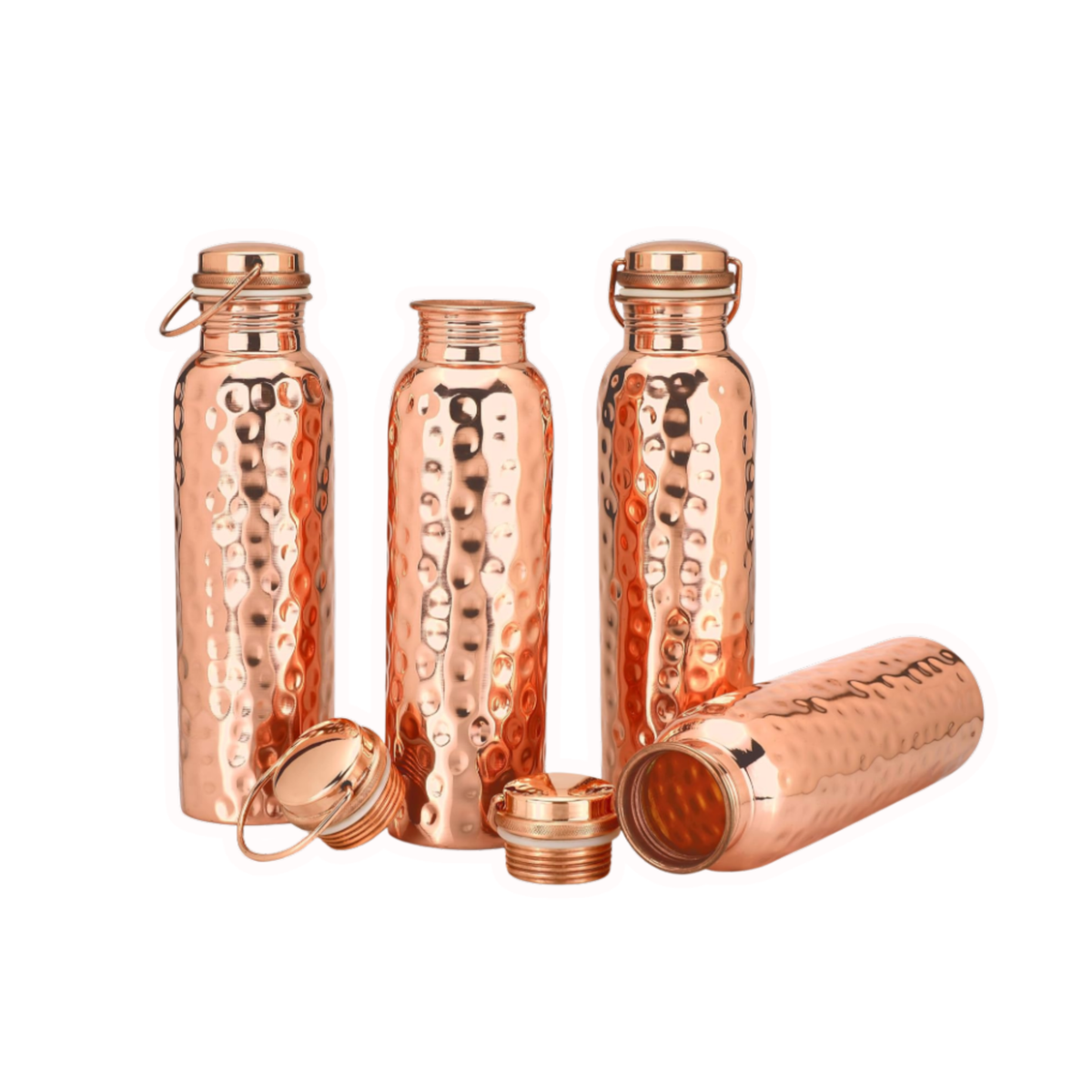 Set of copper water bottles with different designs on a white background