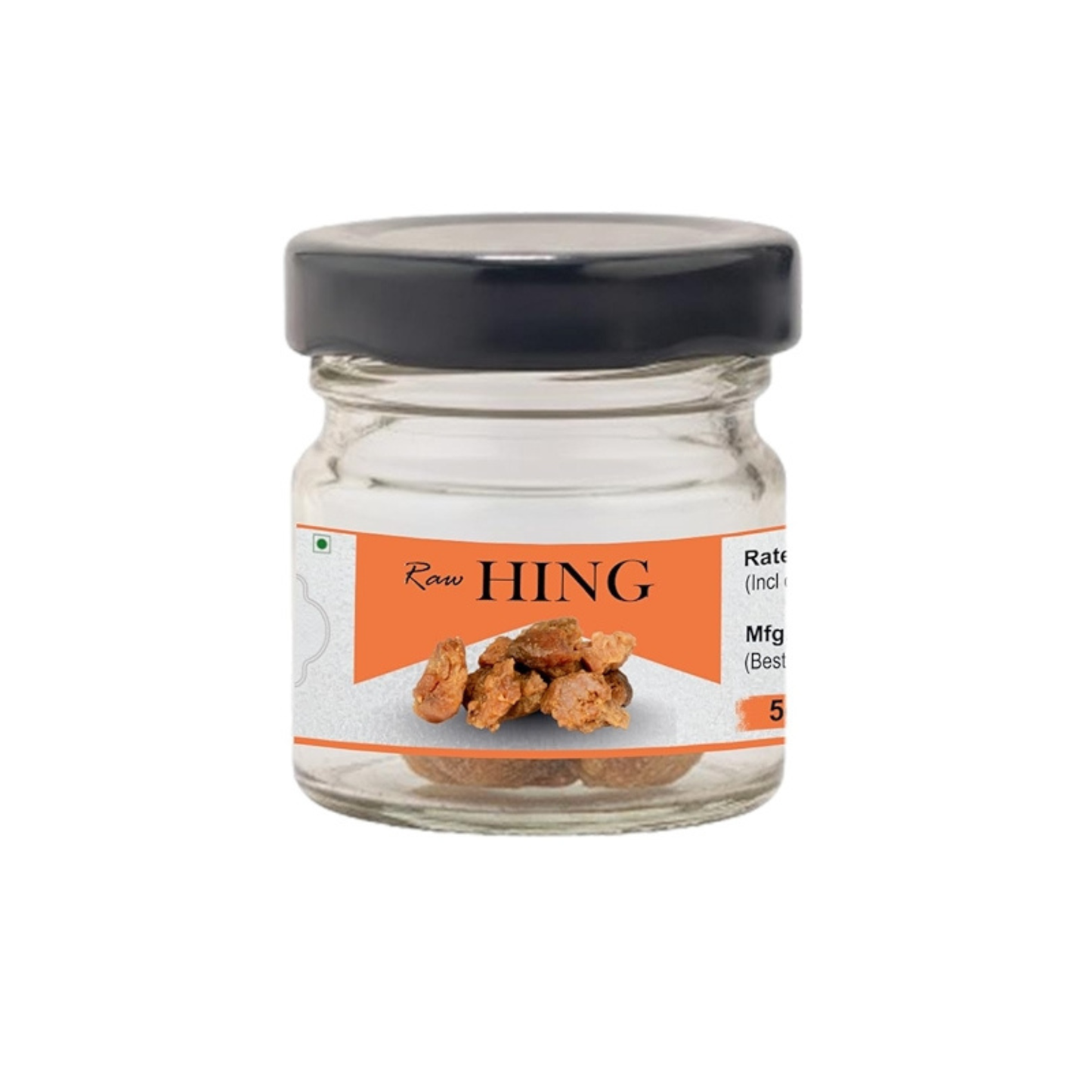 Glass jar with black lid labeled 'Raw HING' 