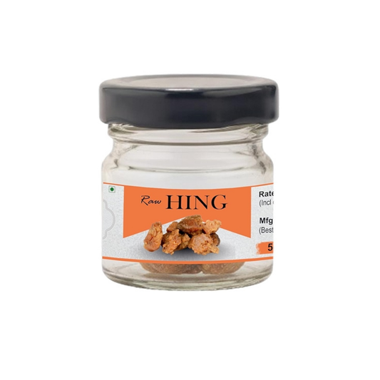 Glass jar with black lid labeled 'Raw HING' 