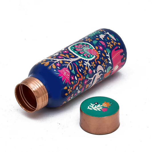 Copper Bottle Blue Printed Animal 500ml & 2 Cups ｜ 印度手工純銅雕刻水瓶套裝｜阿育吠陀飲用銅水習慣