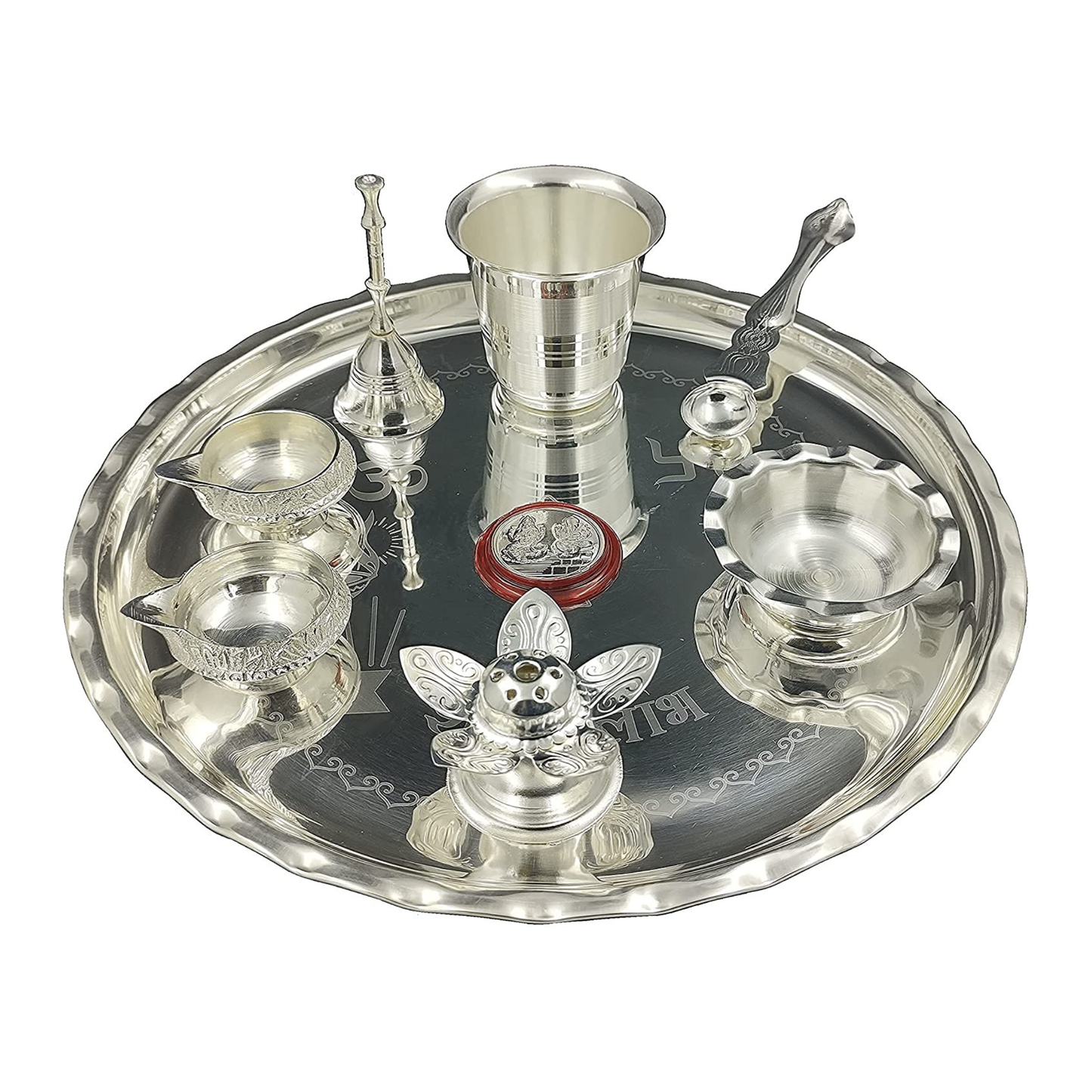 9.5" Silver Plated Pooja Thali Set   | 9.5 英吋鍍銀儀式托盤套組