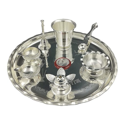 9.5" Silver Plated Pooja Thali Set   | 9.5 英吋鍍銀儀式托盤套組