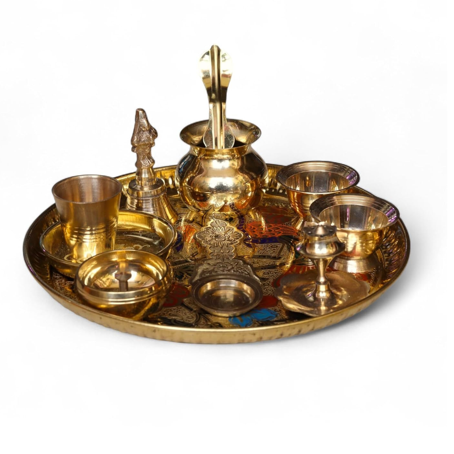 9" Brass Minakari Puja Set | 9 英吋黃銅 Minakari 手工精緻繪製儀式套裝