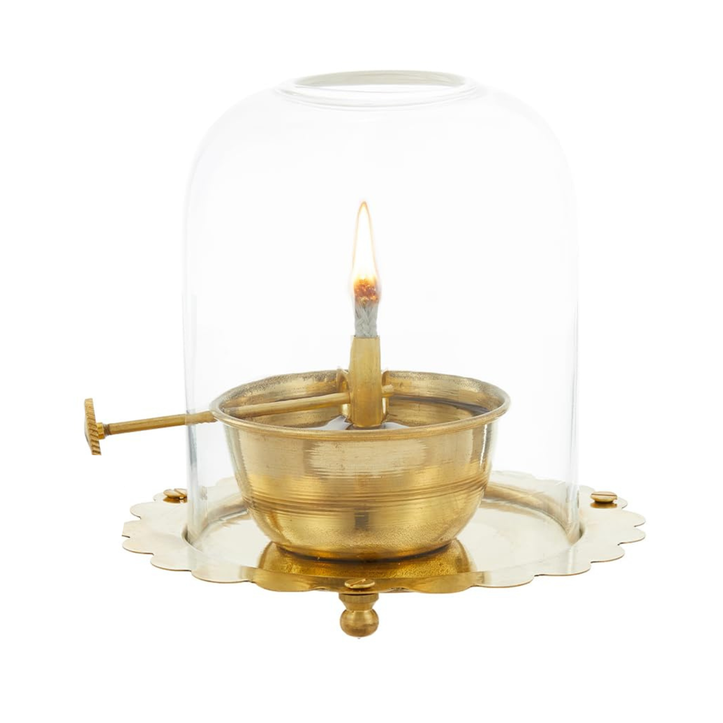 Diya Oil Lamp with Adjustable Wick Knob  | 可調教式黃銅玻璃罩長明燈｜防風防塵
