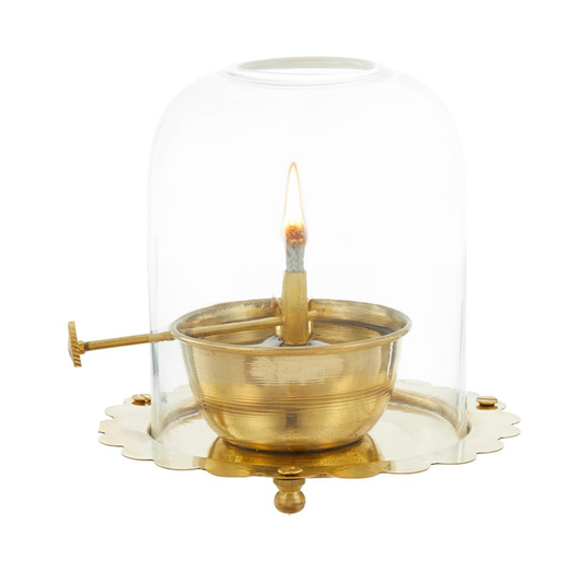 Diya Oil Lamp with Adjustable Wick Knob  | 可調教式黃銅玻璃罩長明燈｜防風防塵