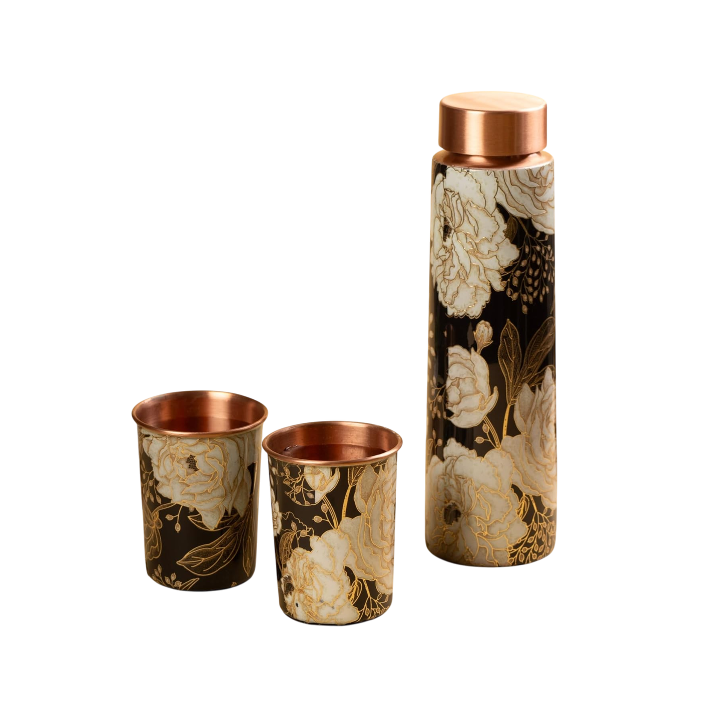 Juego de botellas de cobre de 950 ml y 2 tazas (Green Forest)｜ 印度手工純銅水瓶杯具組合｜阿育吠陀飲用銅水習慣