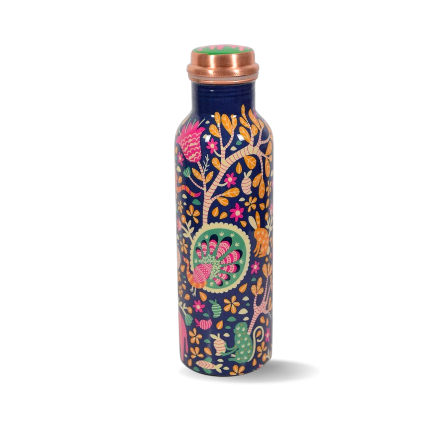 Botella de Cobre Azul Estampado Animal 500ml y 2 Tazas ｜ 印度手工純銅雕刻水瓶套裝｜阿育吠陀飲用銅水習慣